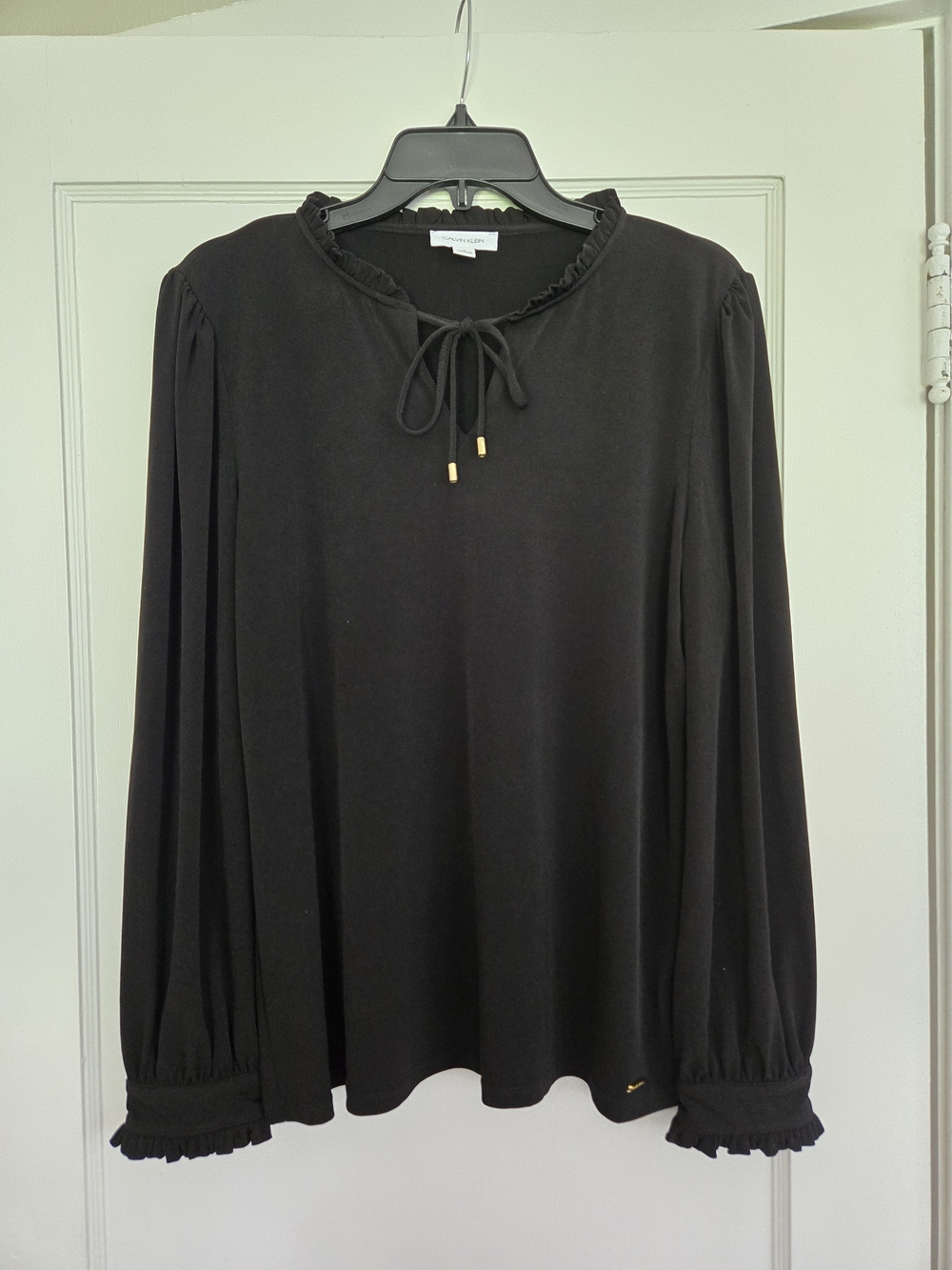 Calvin Klein Black Long Sleeve Tie-Neck Ruffle Blouse